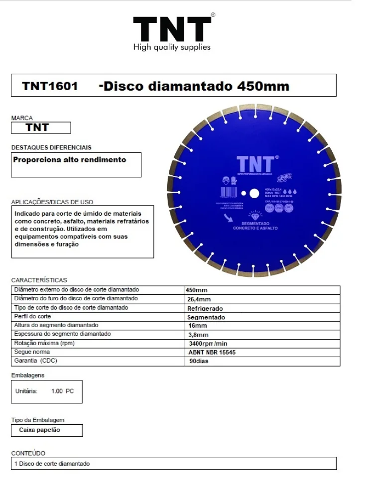 Disco Diam.450 MM Asfalto / Concreto Tnt
