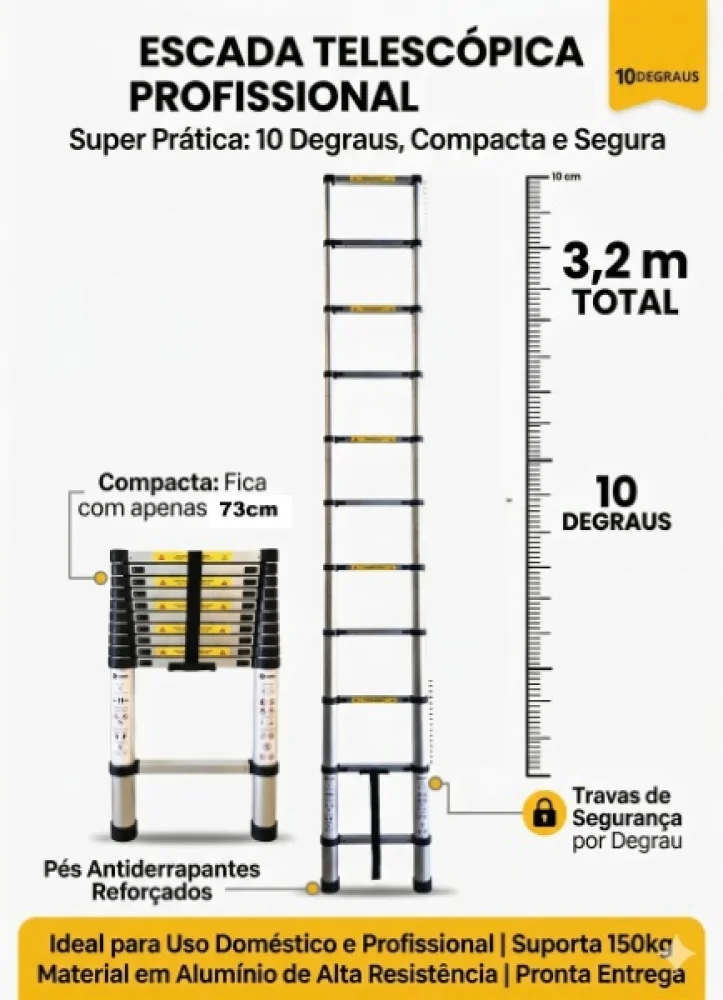 Escada Telescópica Inox Profissional 3,2M 10 D