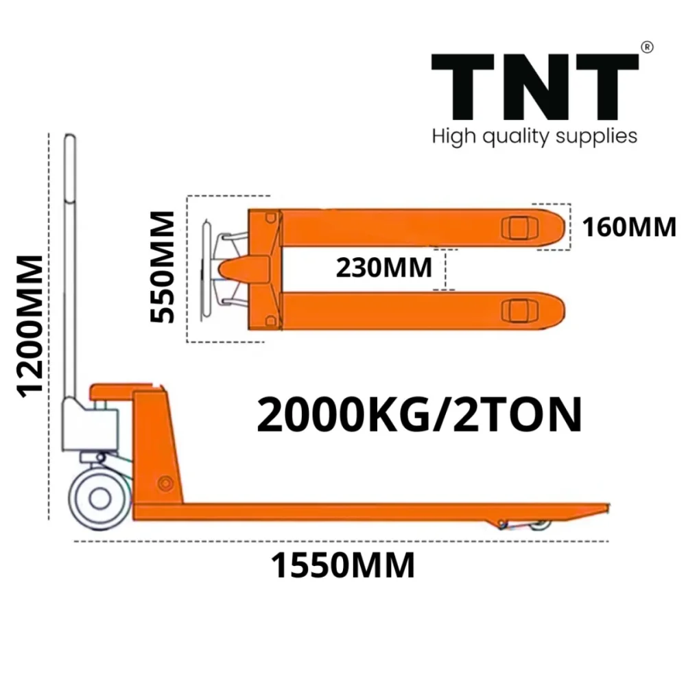 Paleteira Manual 2 Toneladas Garfo 1200Mm X 550Mm Aço Carbono Reforçado Tnt com Roda Dupla de Nylon