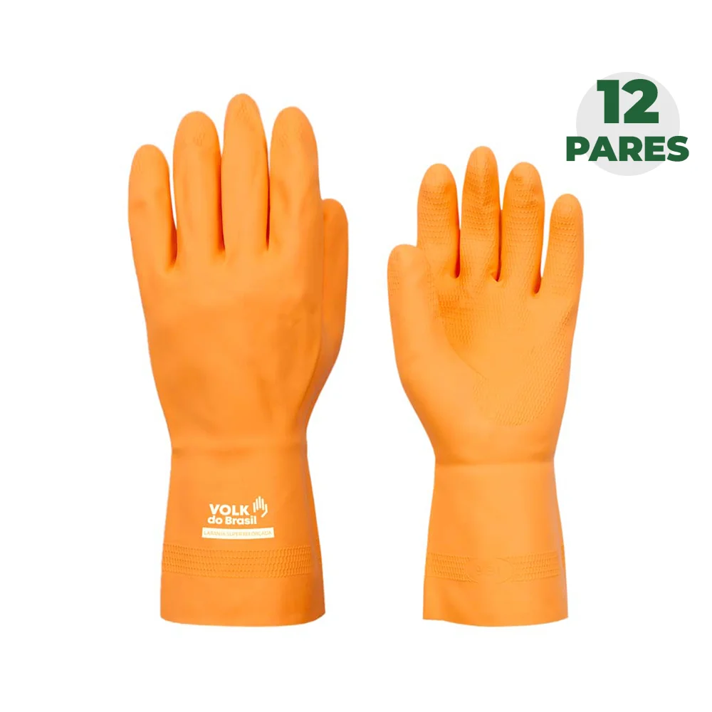 Combo Luva de Látex Laranja Tamanho M com 12 Pares - Volk