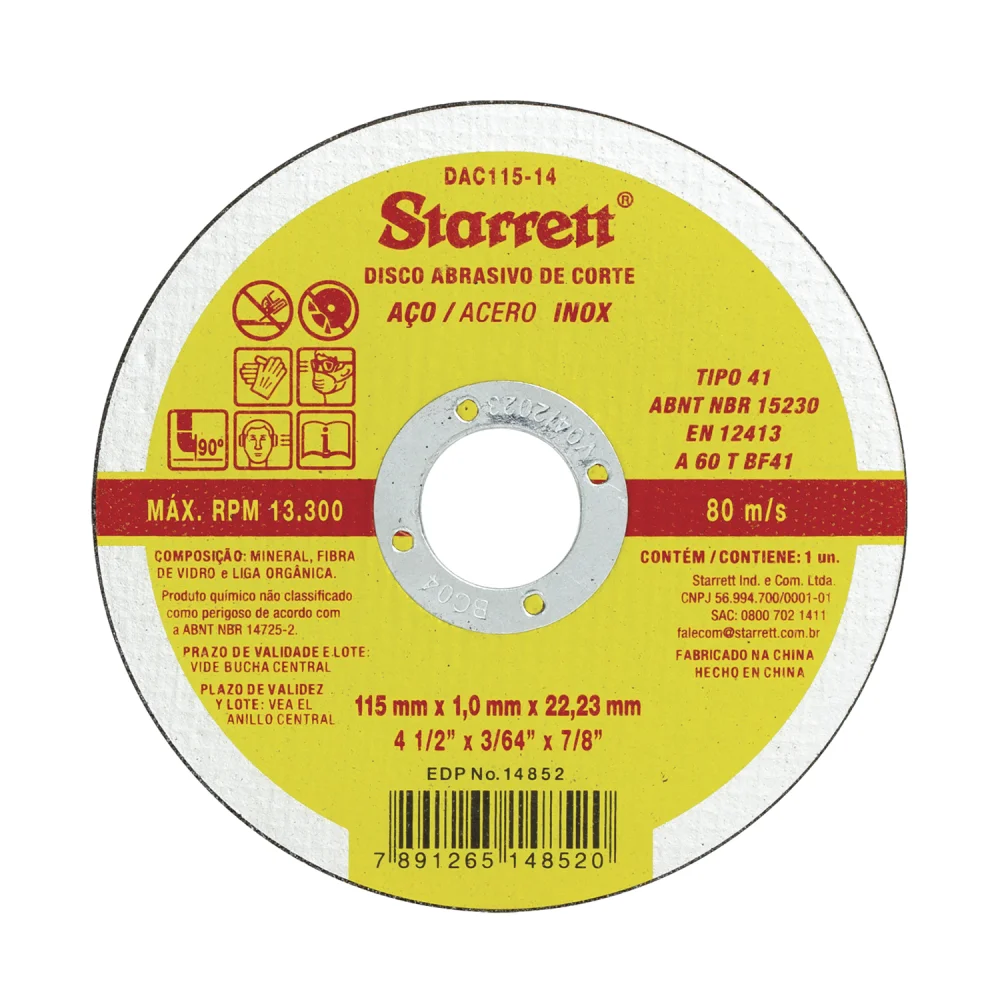 Disco de Corte 4.1/2" x 3/64" x 7/8" Reforçado com 2 Telas - Starrett