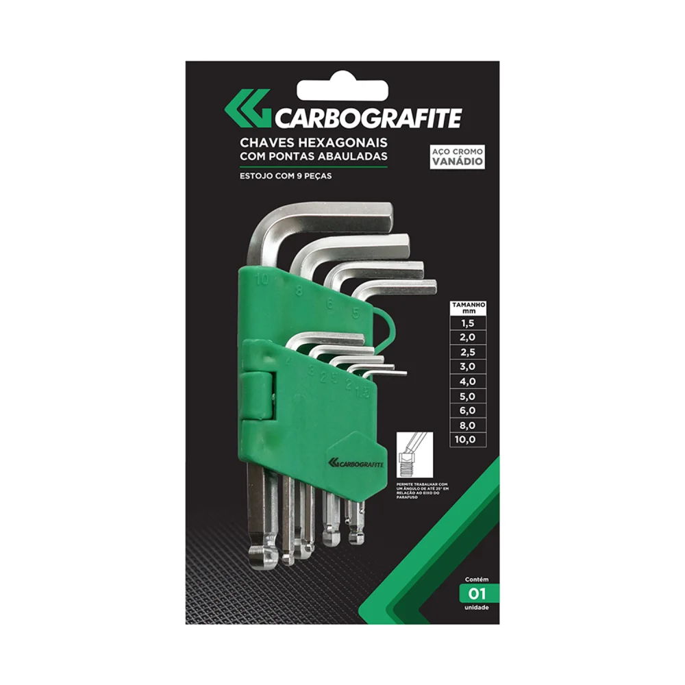 Jogo de Chave Allen Abaulada 1,5 a 10 mm com 9 Peças - Carbografite