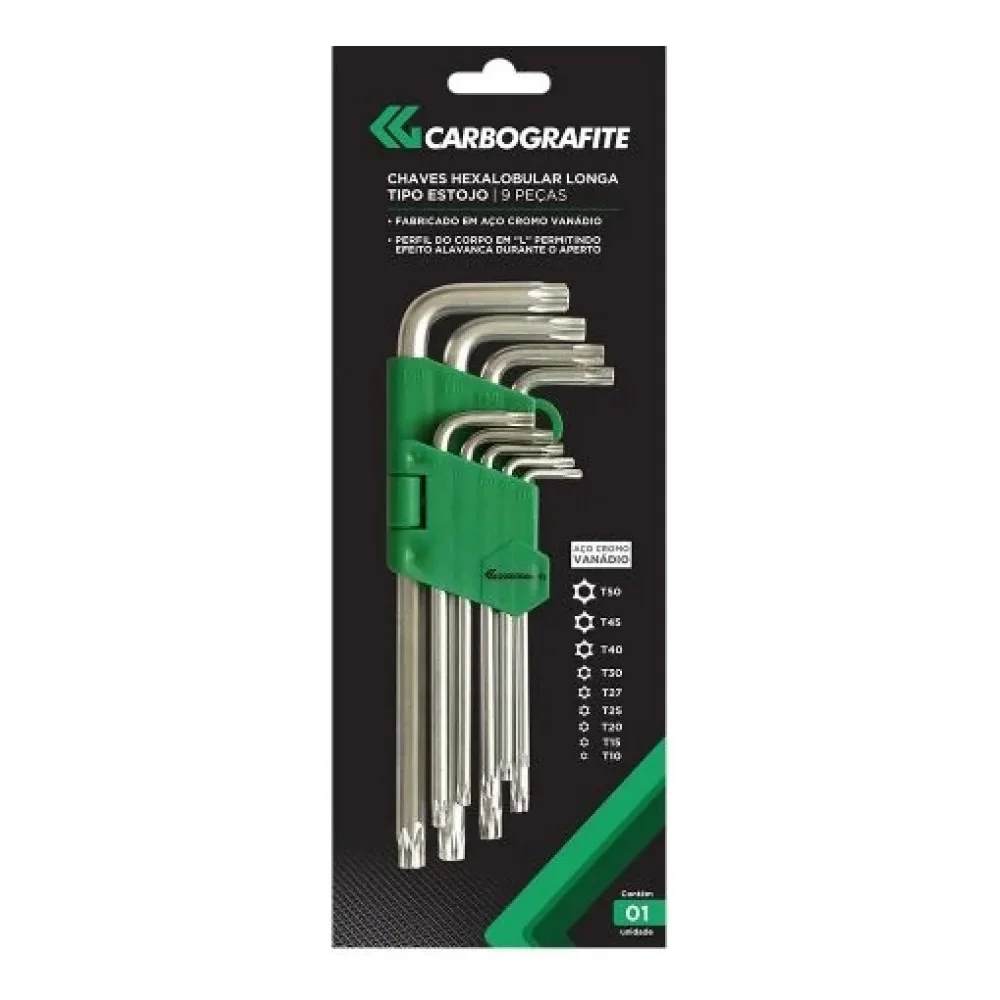 Jogo de Chaves Torx L T10 - T50 com 9 Peças Longa - Carbografite
