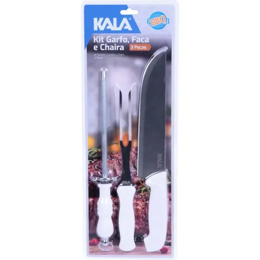 Kit Faca Garfo e Chaira em Aço Inox com Cabo 3 Peças - Kala-241856