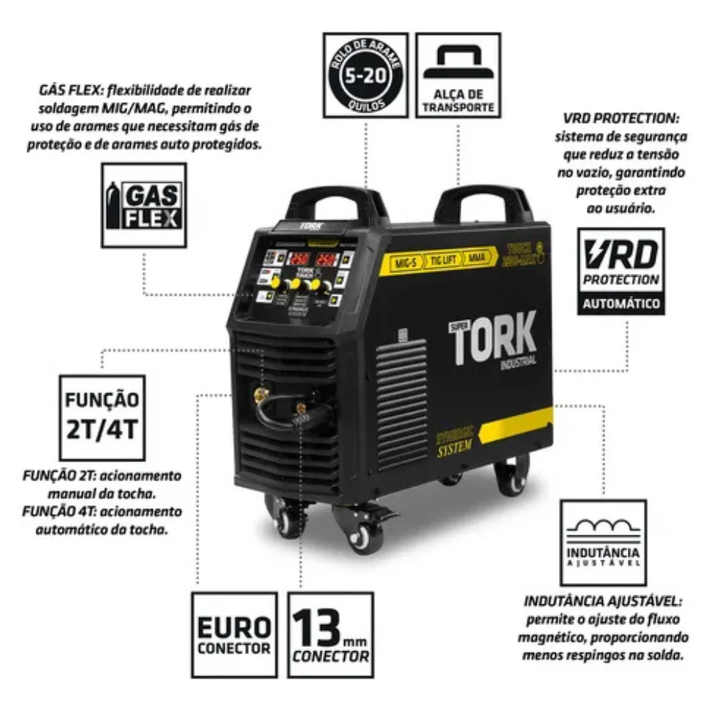 Super Tork TOUCH 250S-MAX Máquina De Solda Inversora Mig Mma 250a 220V 50Hz 60Hz - Tork