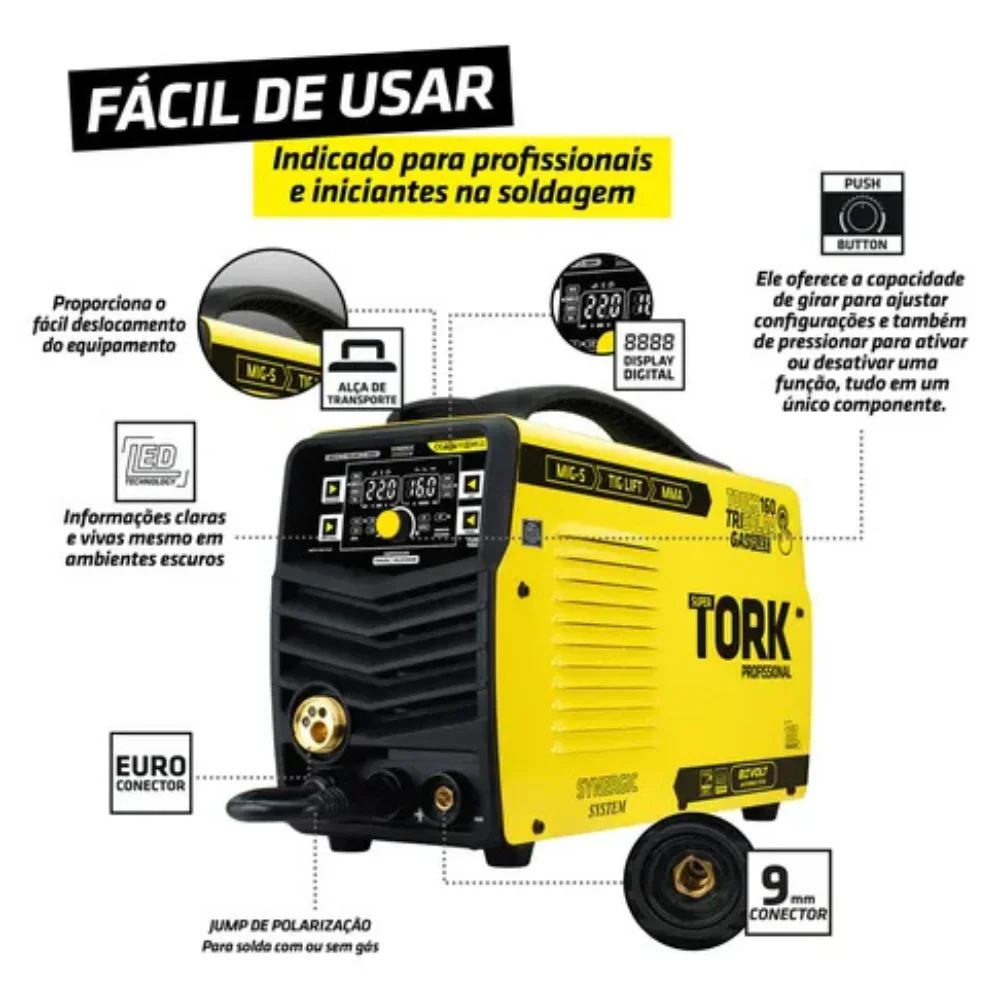 Máquina Inversora Trisolda 160 amperes 1/5 KGS MIG + TIG + MMA - Tork