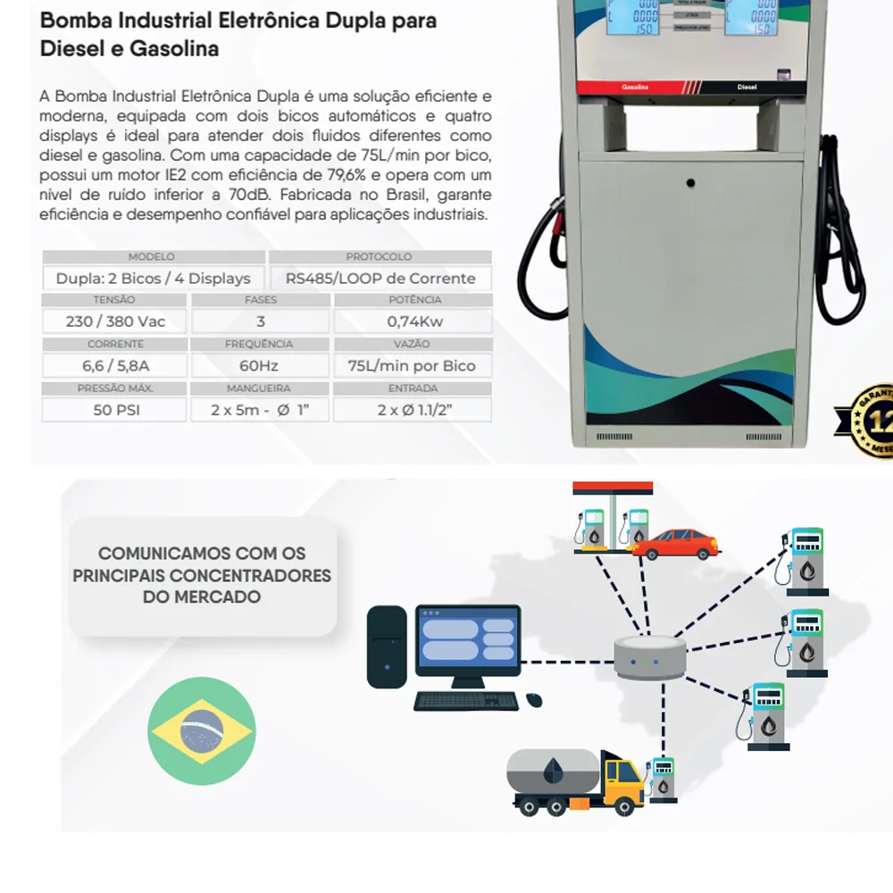 Bomba Industrial Eletrônica para Combustível Dupla 2 Bicos 4 Displays e 2 Fluídos B-I222 - Mapel