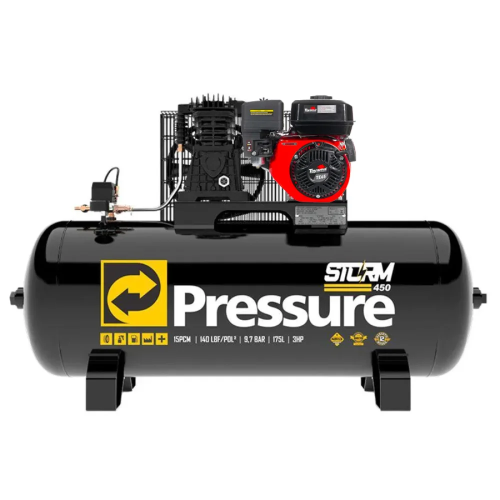 Compressor de Ar 15 PCM 140PSI  175 Litros à Gasolina 6,5HP - Pressure-Storm 450