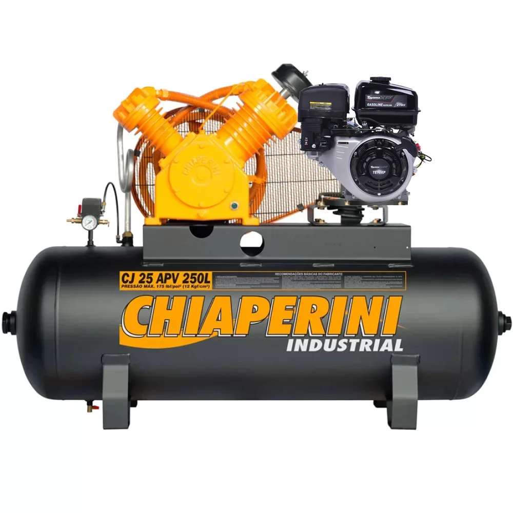 Compressor de ar 25 PCM 250 Litros 175PSI Industrial C/ Motor de 9HP Gasolina - Chiaperini