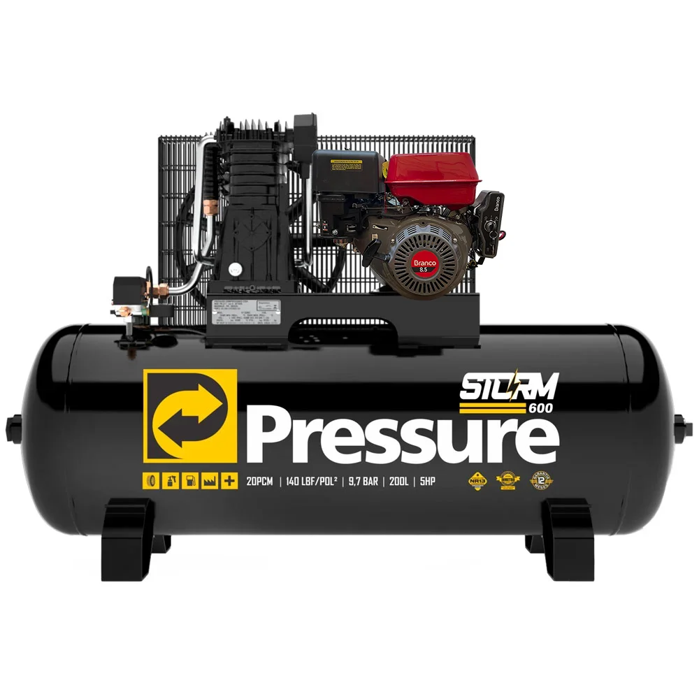 Compressor de Ar 20 Pcm à Gasolina 8,5HP Branco com Partida Elétrica de 140PSI de Pressão e 200 Litros - Pressure