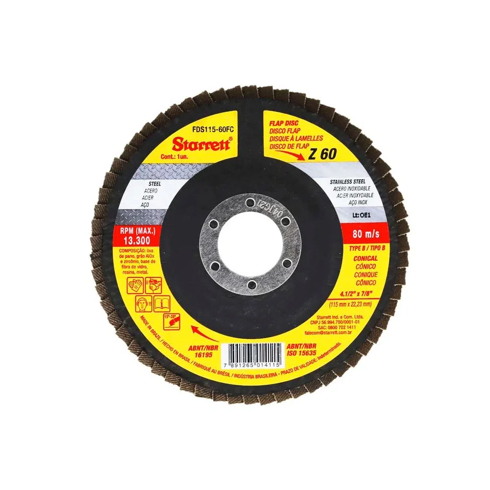 Disco Flap Fibra de Vidro Cônico 115mm Grão 100 – Starrett-FDS115-100FC
