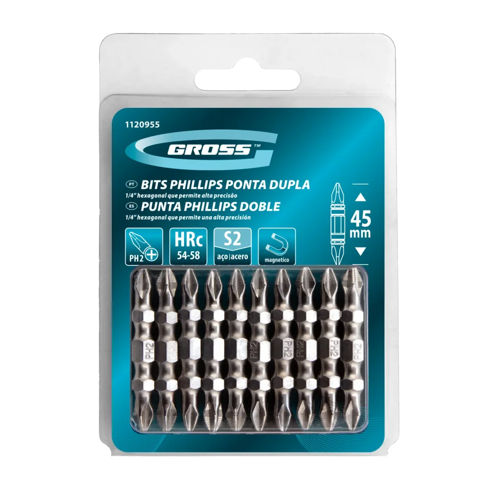 Jogo de Bits Ponta Dupla PH2 45mm 10 Peças – Gross-1120955