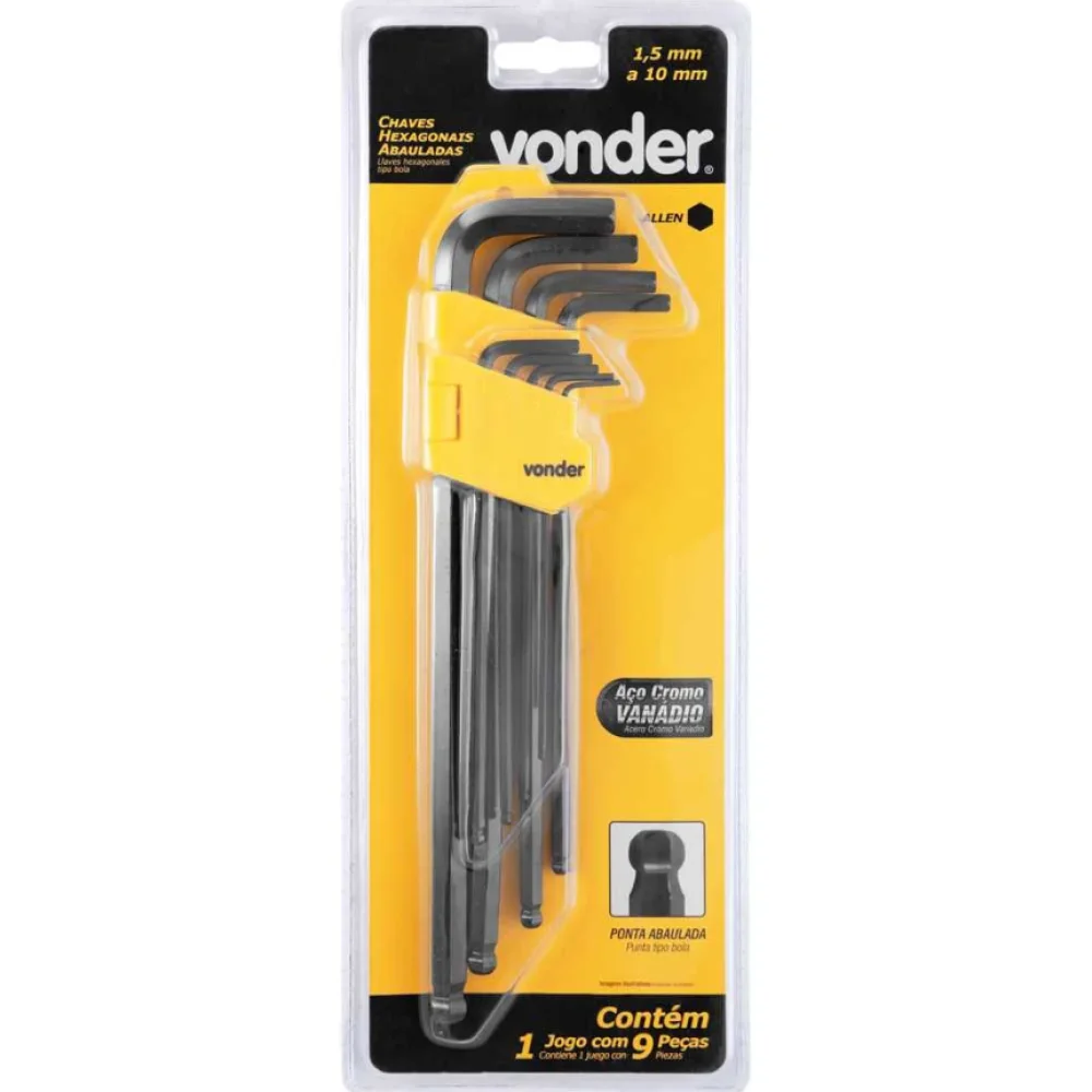 Jogo de chaves hexagonais (allen), abauladas, 1,5 mm a 10 mm, com 9 peças - VONDER-35.73.151.010