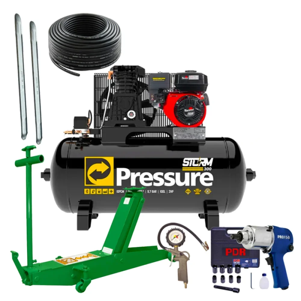 Kit Borracharia com Compressor de ar 10 PCM à Gasolina e Acessórios - Pressure