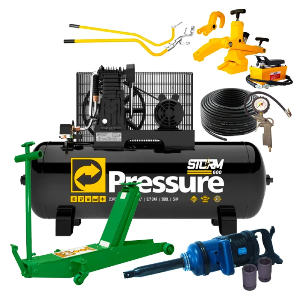 Kit Borracharia com Compressor de ar 20 PCM 220/380V Trif. e Acessórios - Pressure