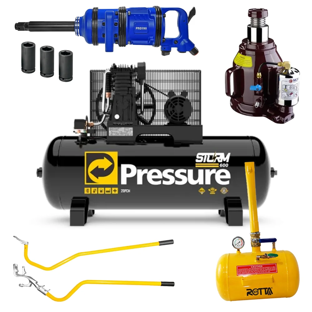 Kit Borracharia Pesada com Compressor de ar 20 Pés 175Lbs com Macaco Mcm 32Ton e Acessórios - Pressure-9005