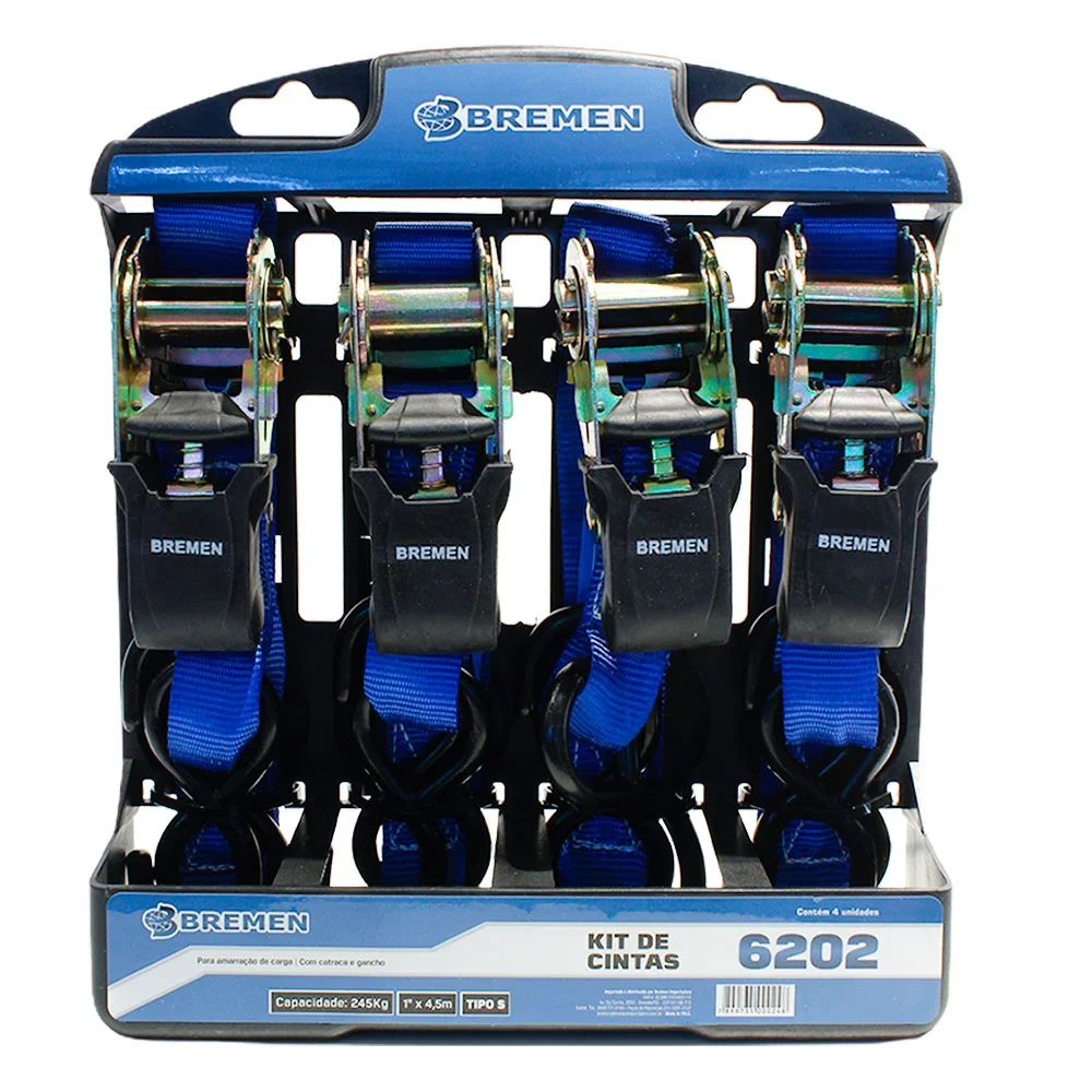 Kit Cintas Cap 245Kg P/ Amarração Cargas C/ Cinta-GANCHO 4PC - BREMEN - 6202