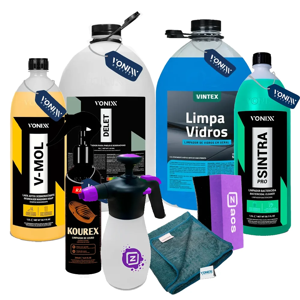 Kit Completo Estética Automotiva com V-Mol, Sintra Pro, Delet 5L, Limpa Vidros e acessórios– Vonixx