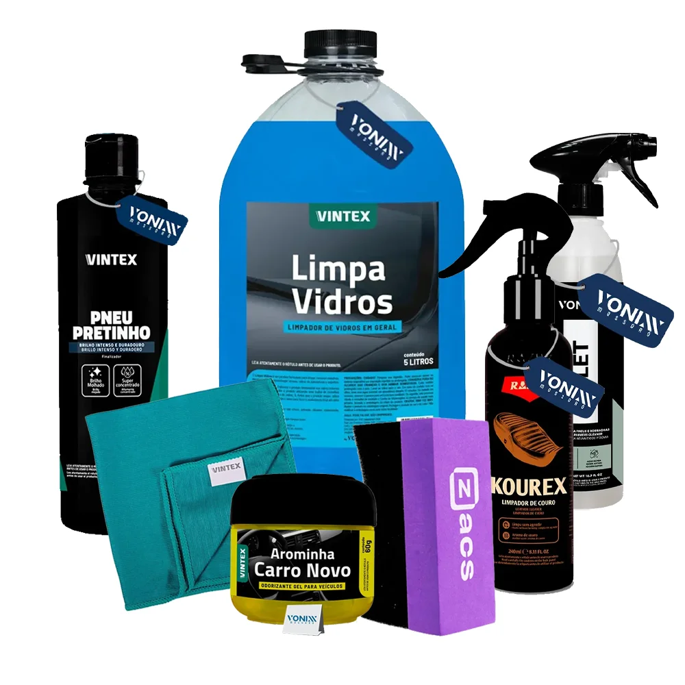 Kit para Estética com Delet, Kourex, Limpa Vidros 5L, Pneu Pretinho e Acessórios – Vonixx