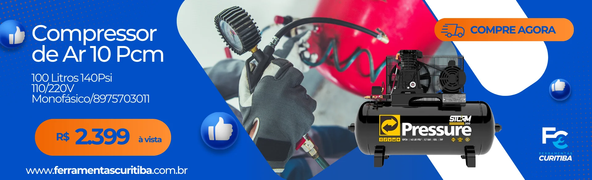 Compressor de Ar 10 Pcm 100L 140Psi 110/220V Mono - Pressure-Storm 300