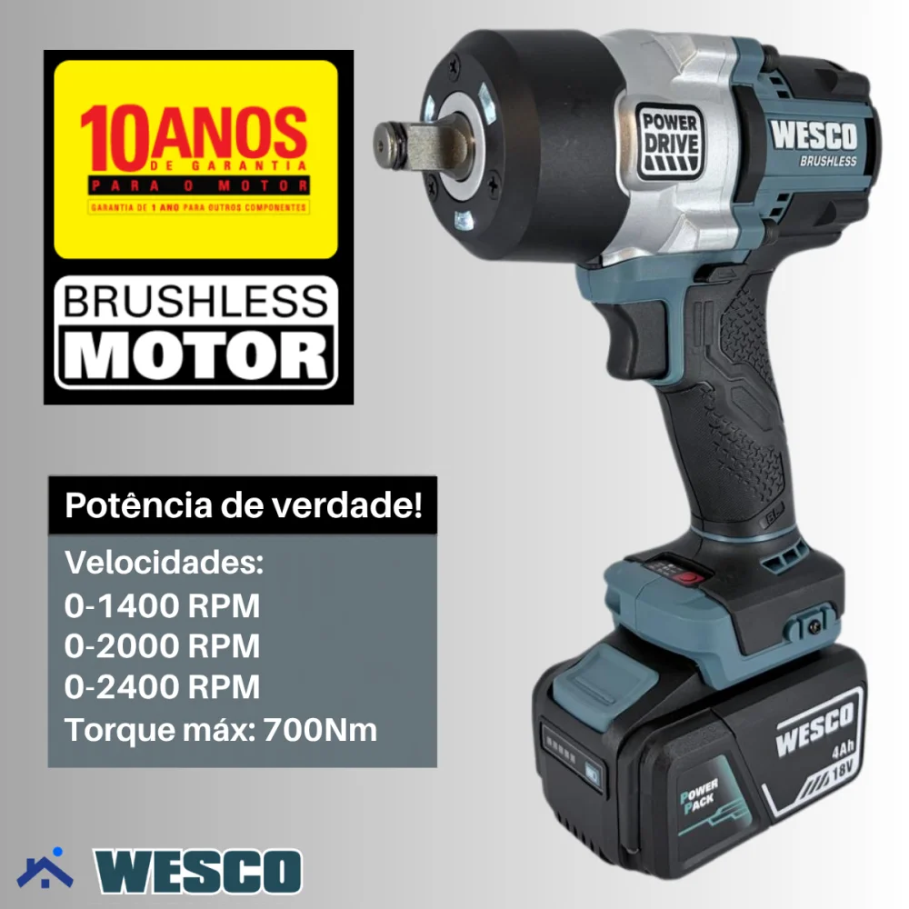 Chave de Impacto Brushless 1/2" 2 Baterias 18v 700Nm Wesco