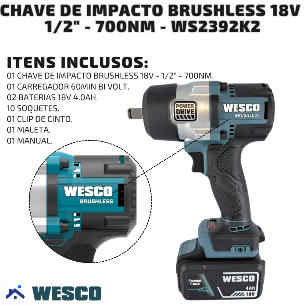 Chave de Impacto Brushless 1/2" 2 Baterias 18v 700Nm Wesco