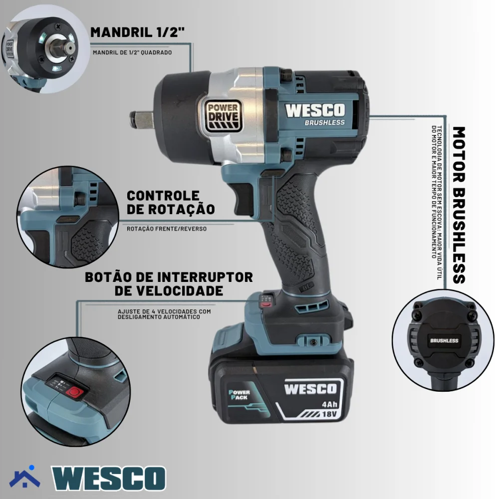 Chave de Impacto Brushless 1/2" 2 Baterias 18v 700Nm Wesco