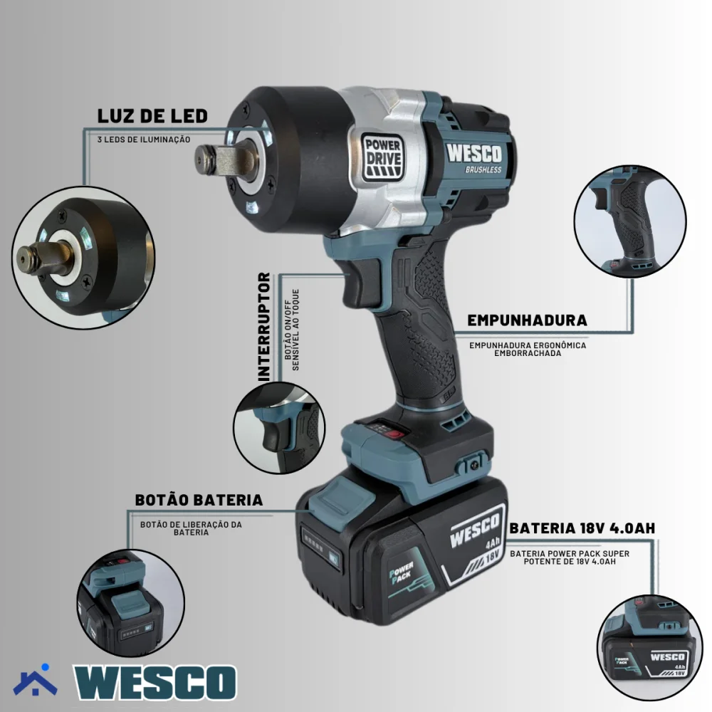 Chave de Impacto Brushless 1/2" 2 Baterias 18v 700Nm Wesco