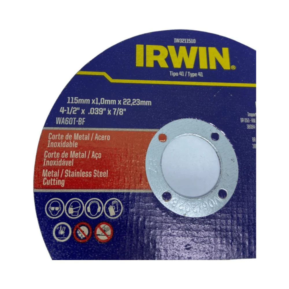 Disco de Corte Fino Metal Aço 4.1/2 115x1,0x22,2mm Irwin