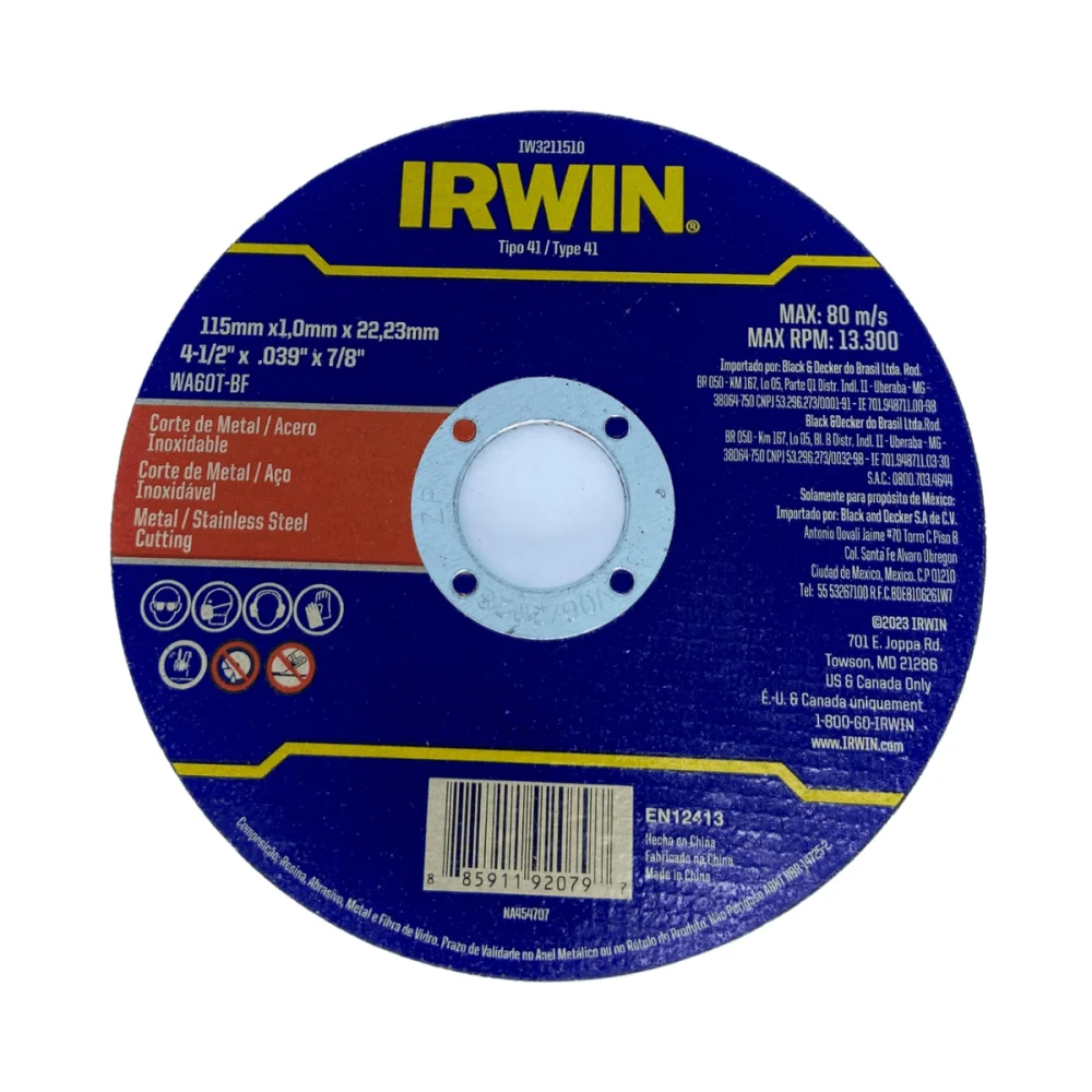 Disco de Corte Fino Metal Aço 4.1/2 115x1,0x22,2mm Irwin
