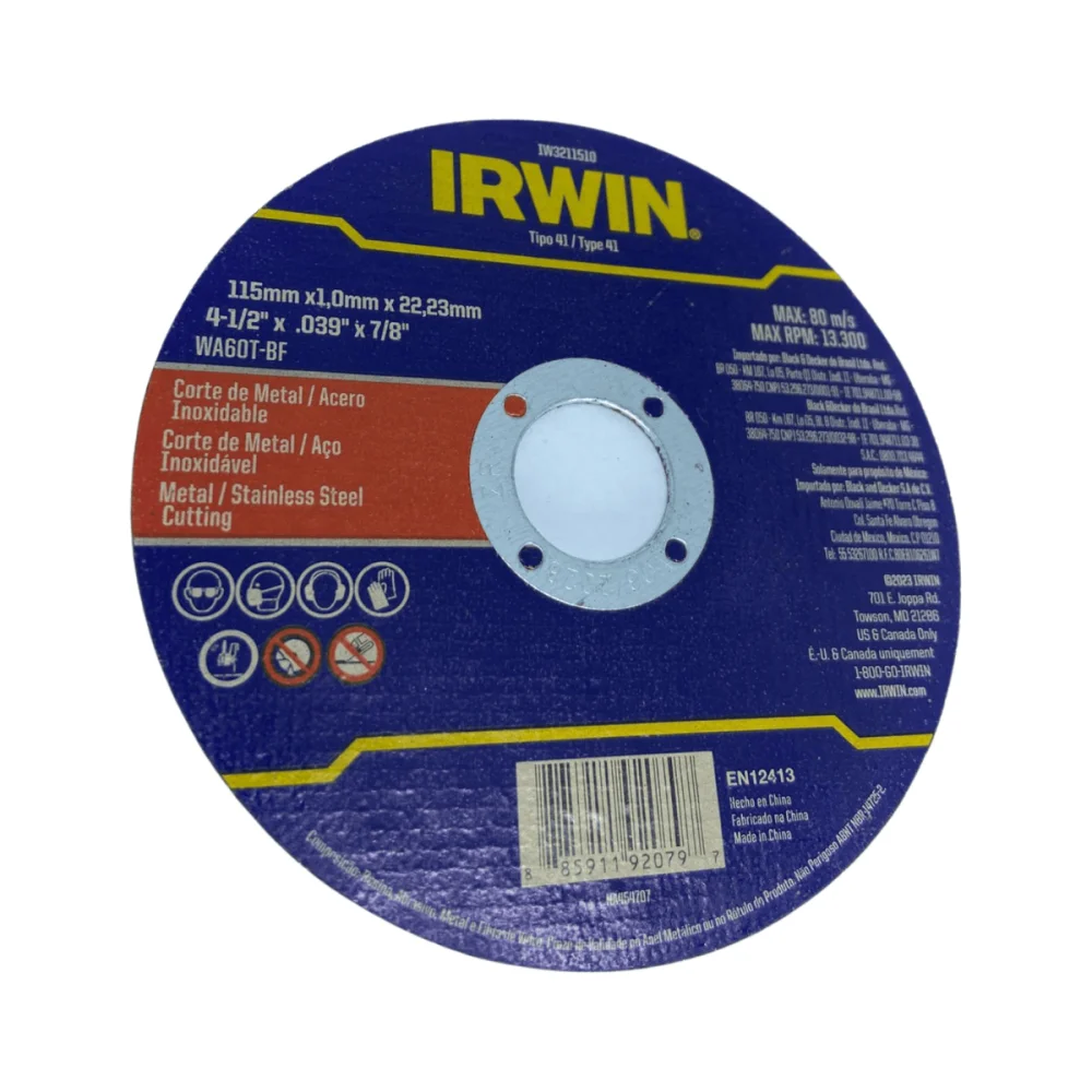 Disco de Corte Fino Metal Aço 4.1/2 115x1,0x22,2mm Irwin