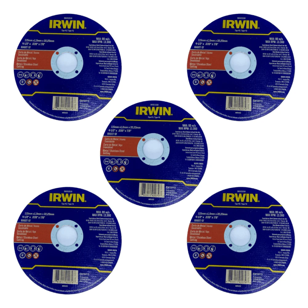 Disco de Corte Fino Metal Aço 4.1/2 115x1,0x22,2mm Irwin Kit c/ 5 peças