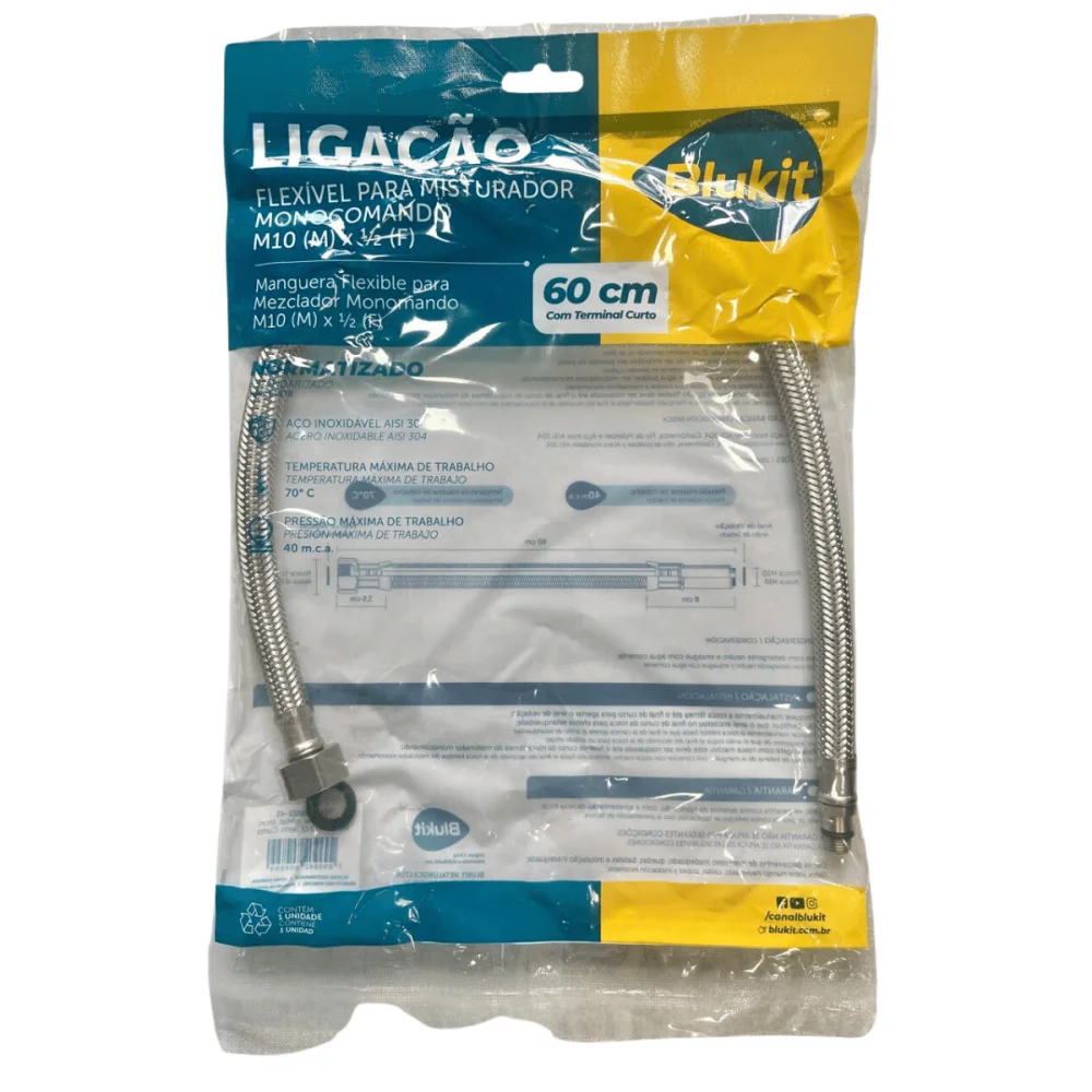 Ligação Flexível Para Misturador Monocomando 60cm Com Terminal Curto 1/2"(F) x M10(M) Blukit