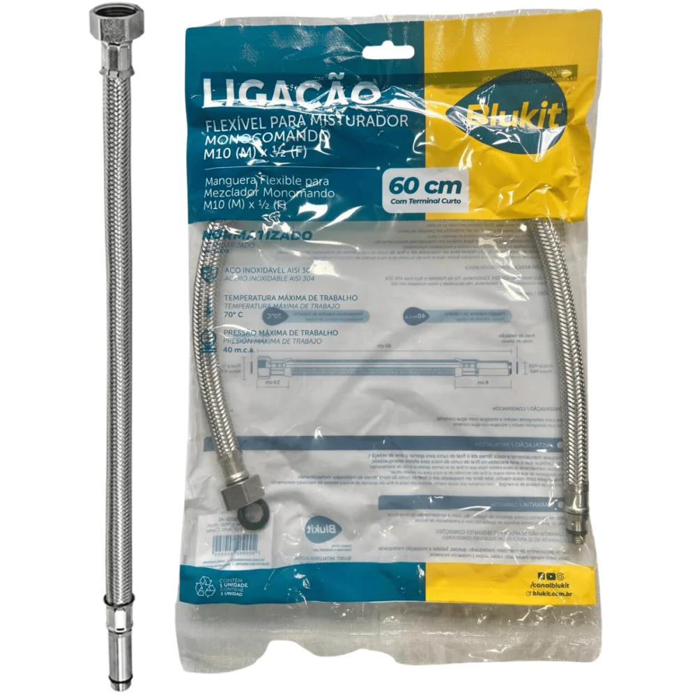 Ligação Flexível Para Misturador Monocomando 60cm Com Terminal Curto 1/2"(F) x M10(M) Blukit