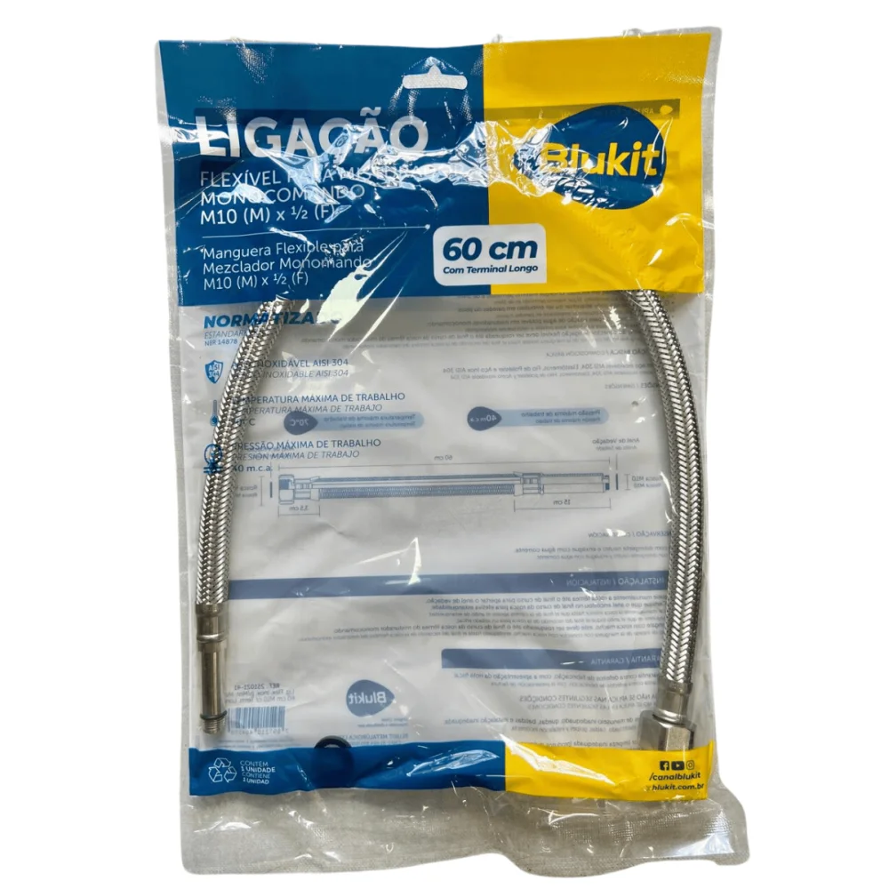 Ligação Flexível Para Misturador Monocomando 60cm Com Terminal Longo 1/2"(F) x M10(M) Blukit