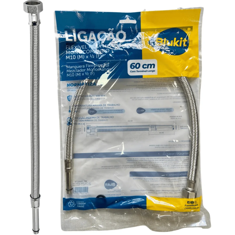 Ligação Flexível Para Misturador Monocomando 60cm Com Terminal Longo 1/2"(F) x M10(M) Blukit