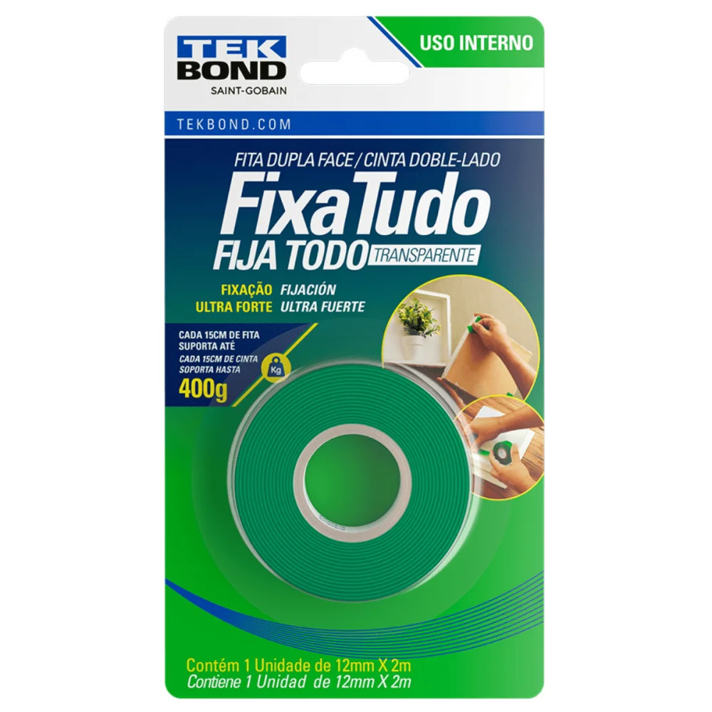 Fita Dupla Face Transparente 12mm x 2m TekBond Uso Interno