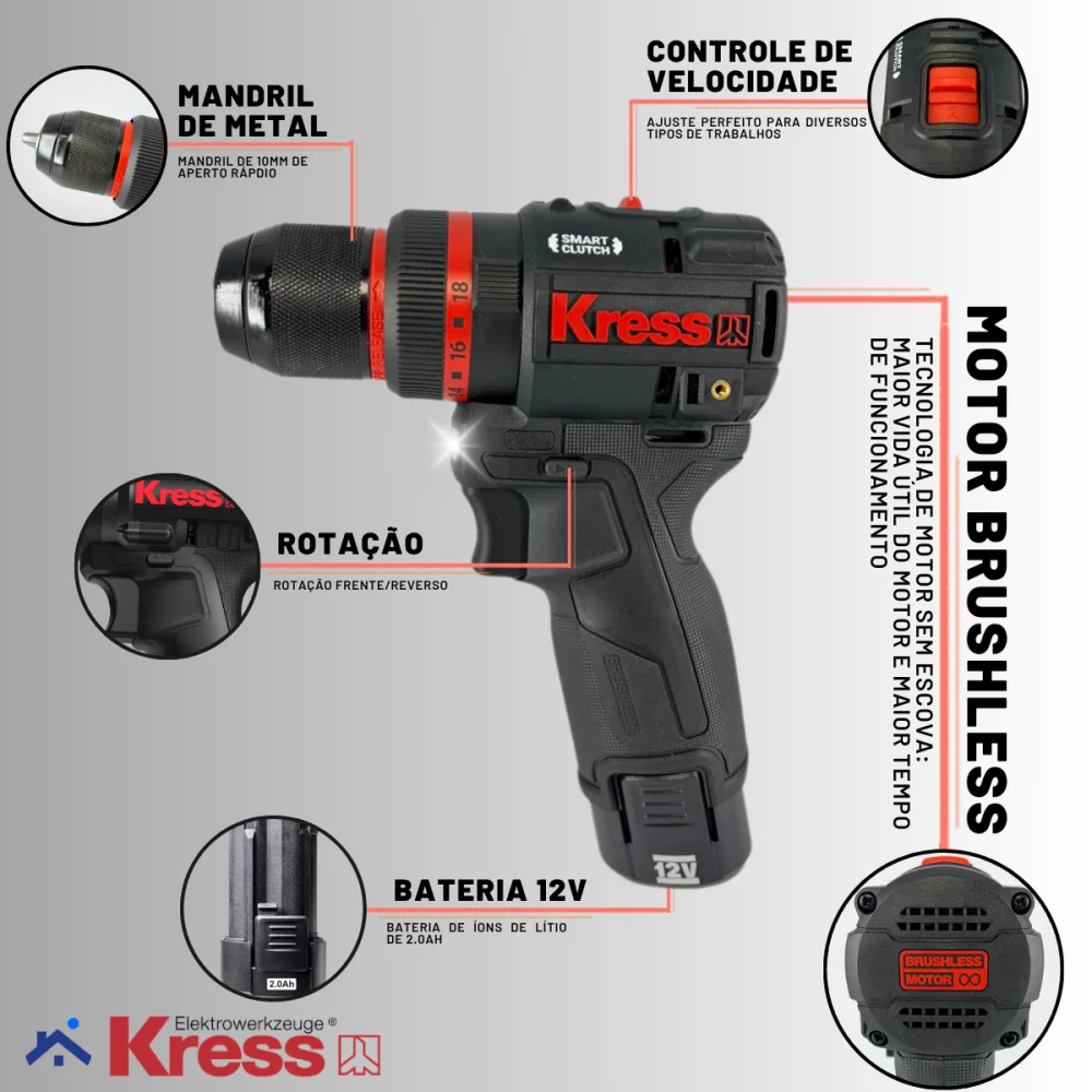 Furadeira de Impacto 12V Brushless Motor Kress 2 Baterias KH363