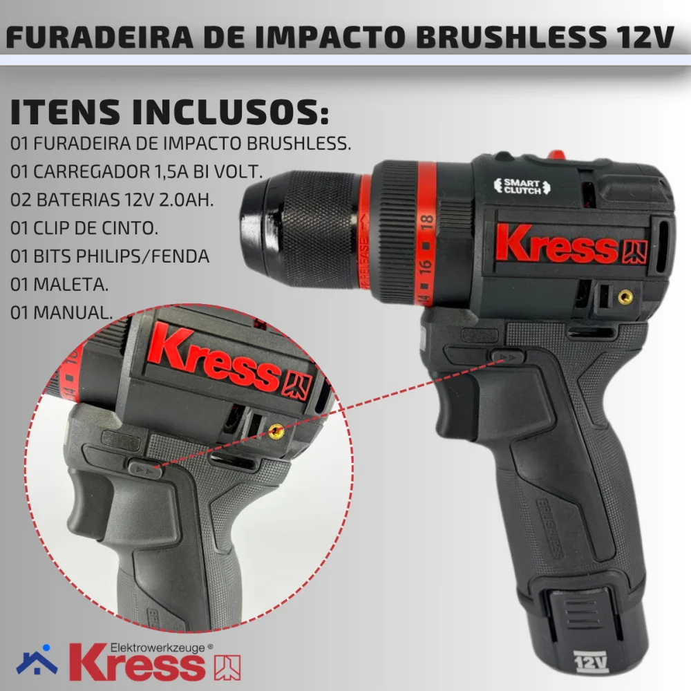Furadeira de Impacto 12V Brushless Motor Kress 2 Baterias KH363
