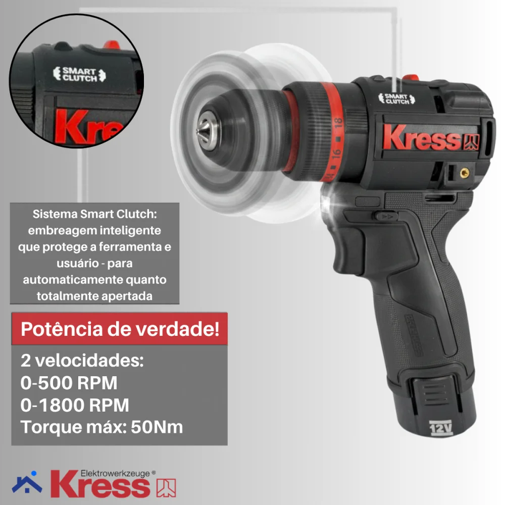 Furadeira de Impacto 12V Brushless Motor Kress 2 Baterias KH363