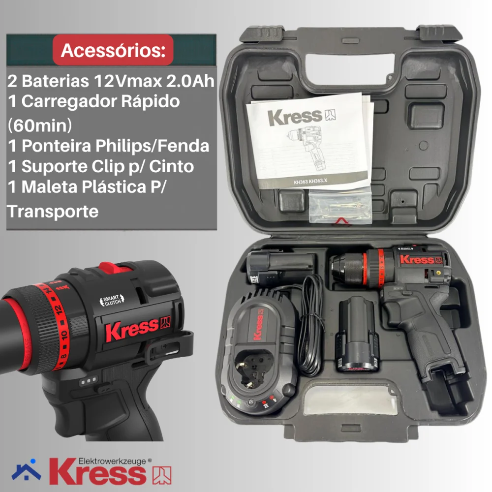 Furadeira de Impacto 12V Brushless Motor Kress 2 Baterias KH363