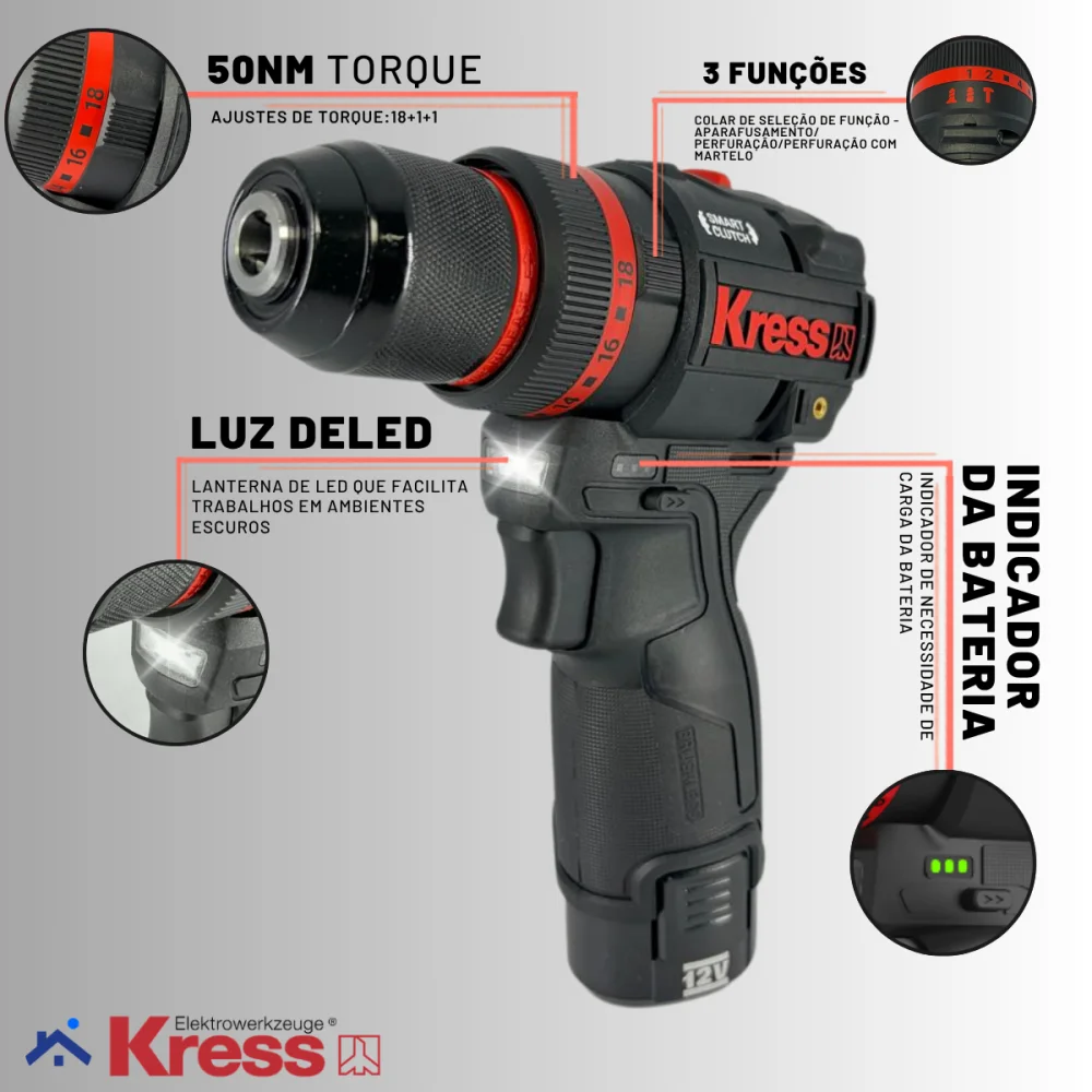 Furadeira de Impacto 12V Brushless Motor Kress 2 Baterias KH363