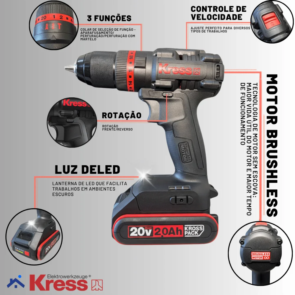 Furadeira de Impacto 20V Brushless Kress KH370.1