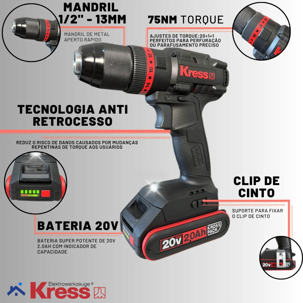 Furadeira de Impacto 20V Brushless Kress KH370.1