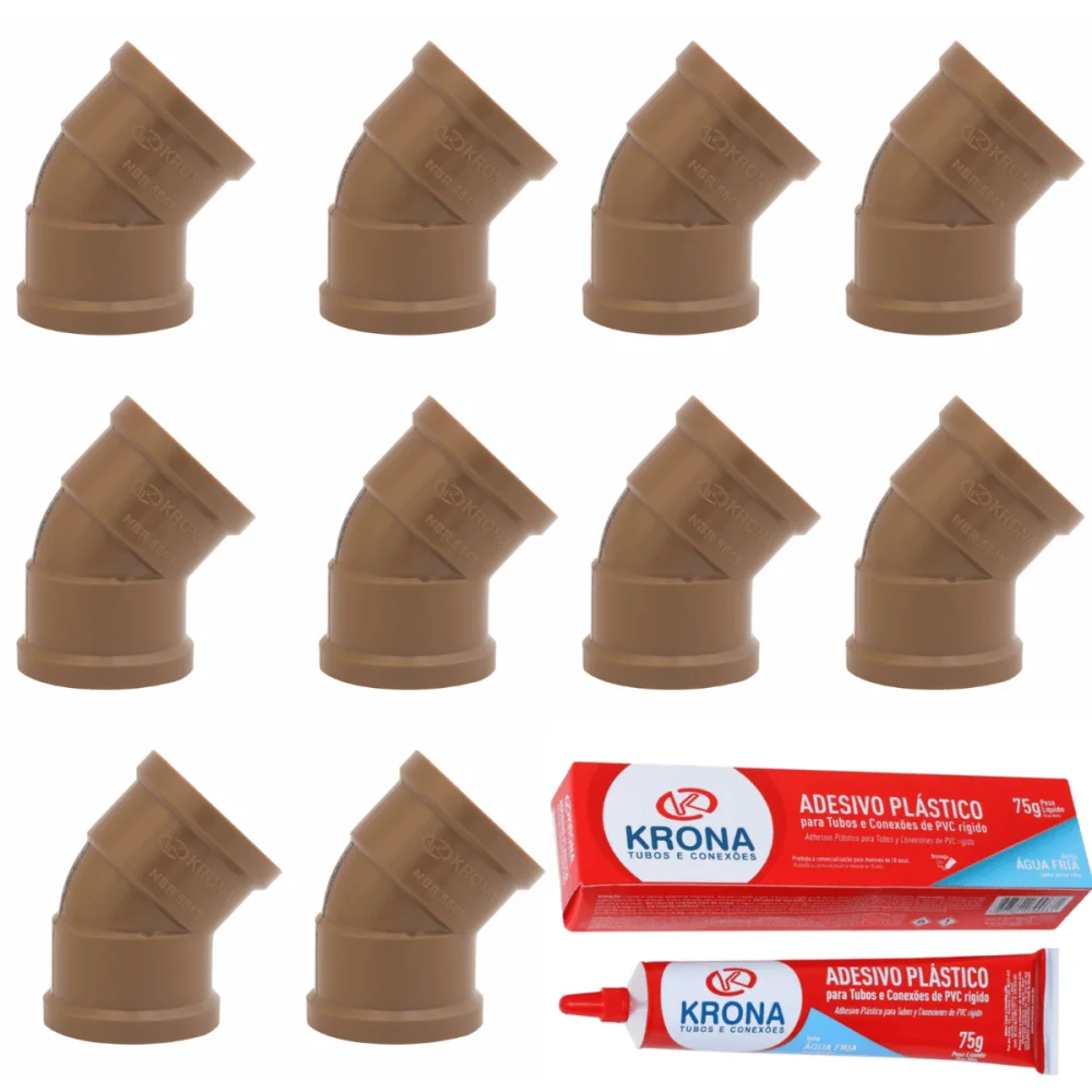 Kit 10 Peças de Joelho 45º PVC Marrom Soldável 20mm + 1 Adesivo PVC 75g Krona