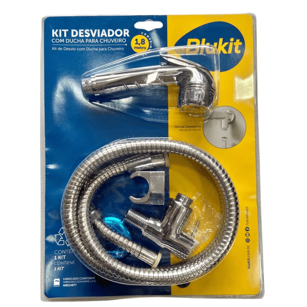 Kit Desviador Com Ducha Cromado Para Chuveiro Com Flexível 1,80mt Blukit