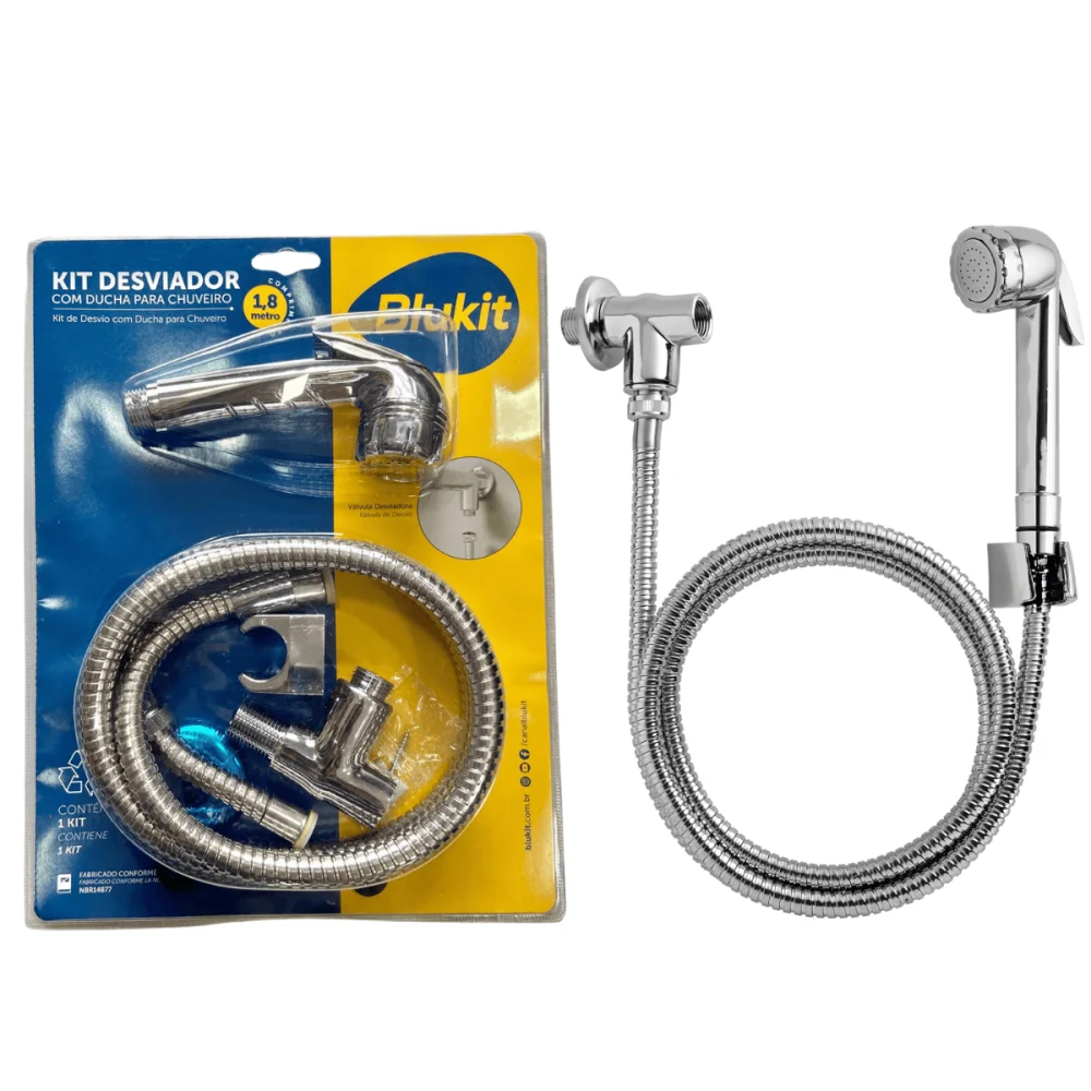Kit Desviador Com Ducha Cromado Para Chuveiro Com Flexível 1,80mt Blukit