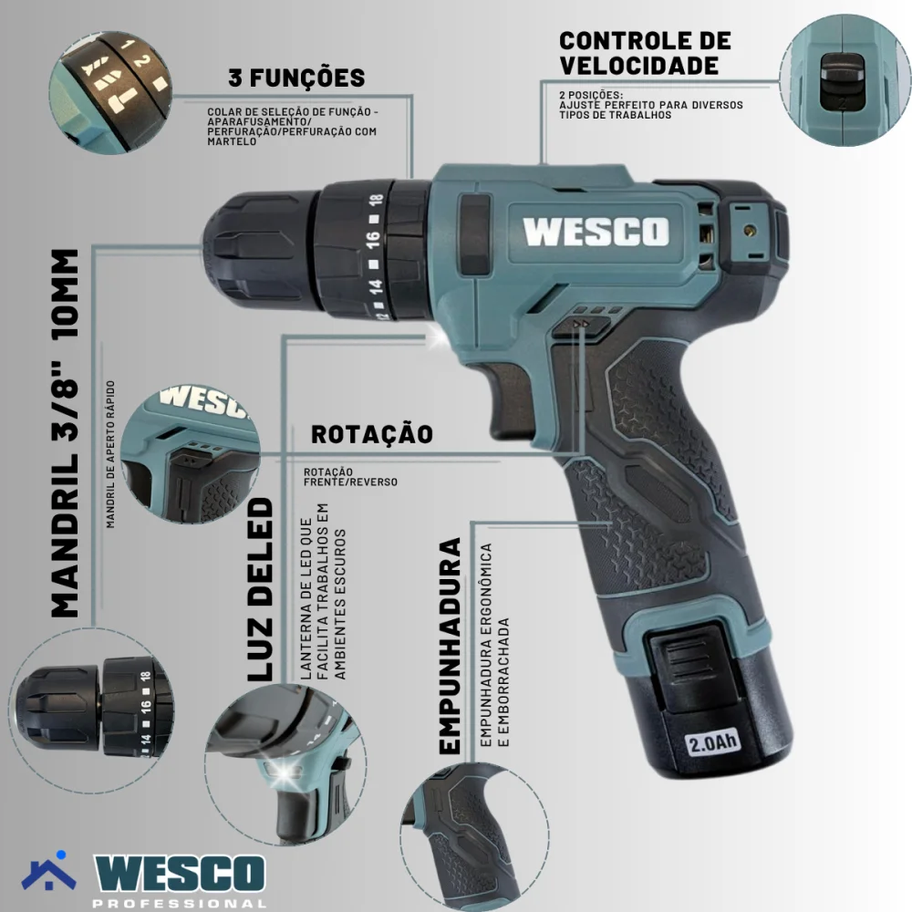 Kit Furadeira e Parafusadeira 12v De Impacto Wesco