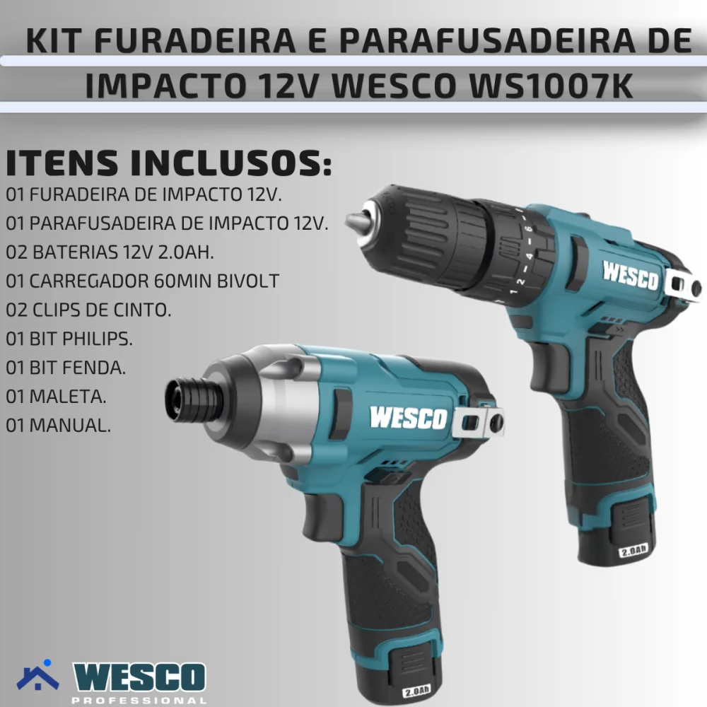 Kit Furadeira e Parafusadeira 12v De Impacto Wesco