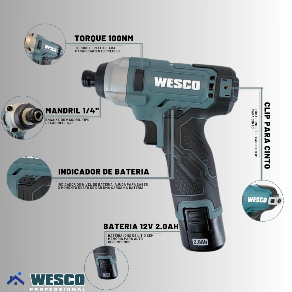 Kit Furadeira e Parafusadeira 12v De Impacto Wesco